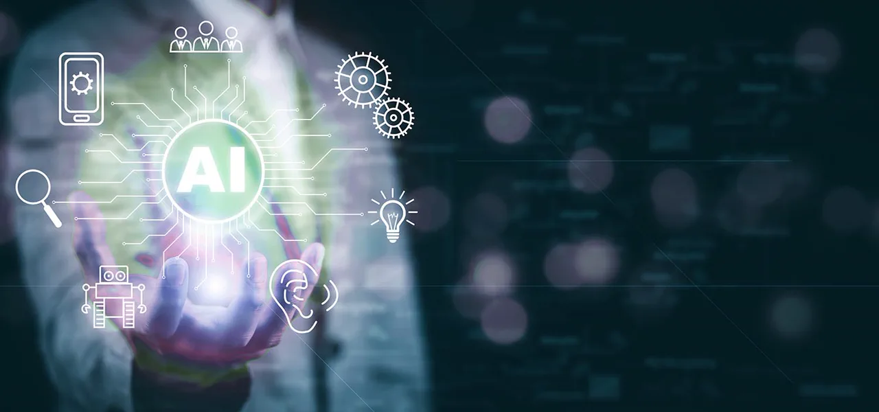 Ilustración abstracta del equilibrio entre tecnología e humanidad — partículas digitales formando una mano abierta