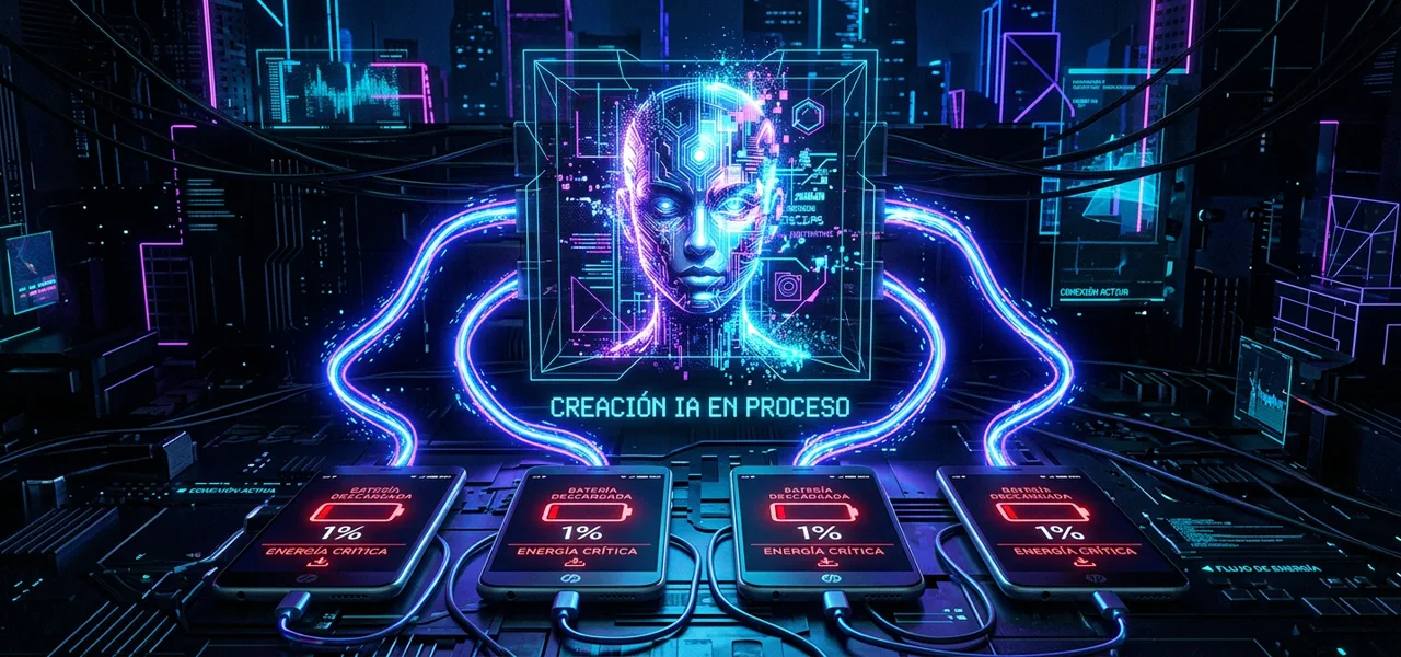 Ilustración abstracta de una imagen digital en construcción, píxeles formándose con partículas de energía, en tonos cian y ámbar sobre fondo oscuro