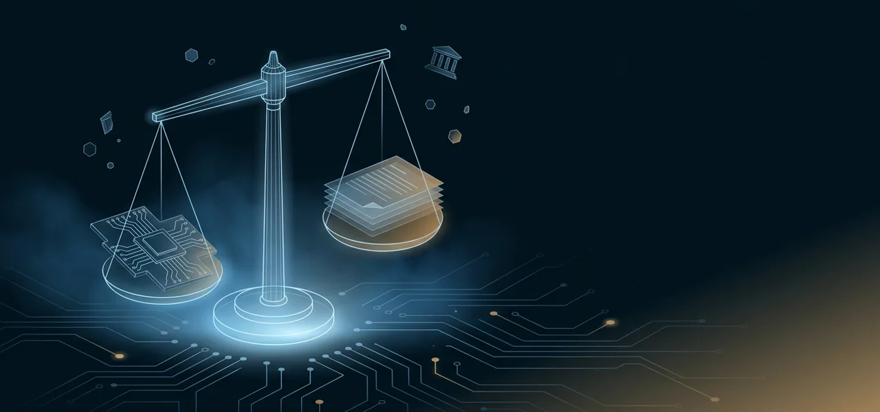 Balanza de justicia digital con elementos de regulación IA y arquitectura europea